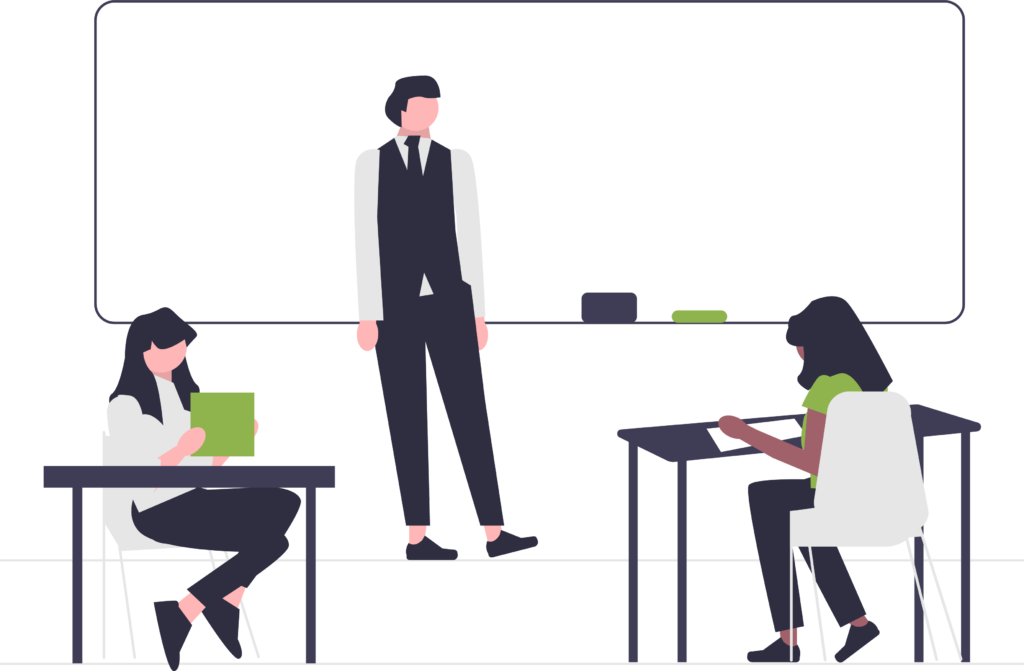 Cartoon style graphic that shows two students and a teacher in class