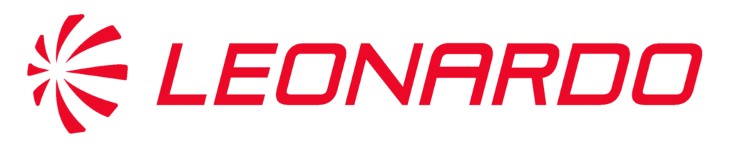 Logo for Leonardo with text and image in red.